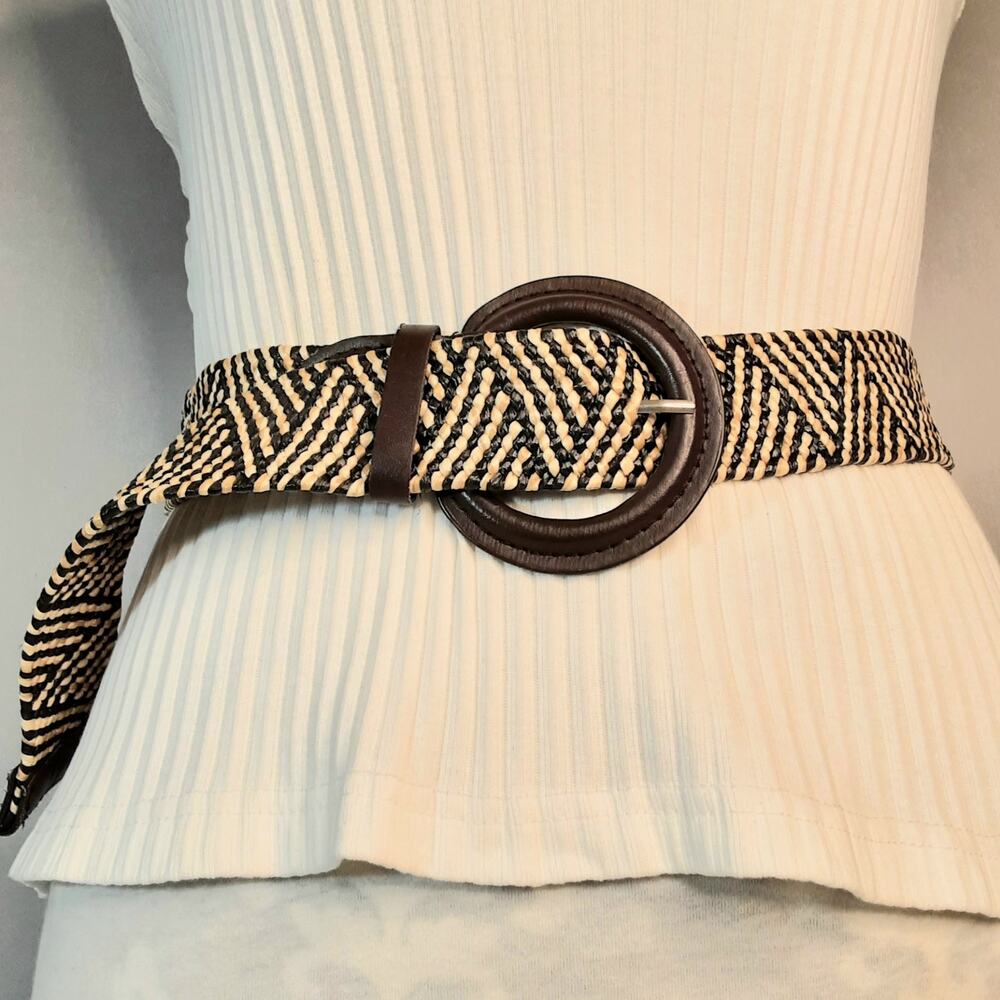 💎Geometric Woven Brown Beige Straw Belt Faux Leather Tips  Medium Waist